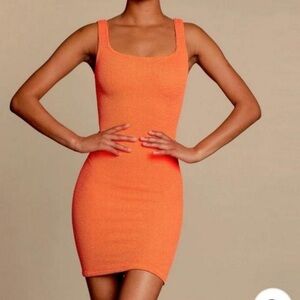 New Hunza G Orange Dress Mini Seersucker Stretchy Bodycon Vacation Neon Tank